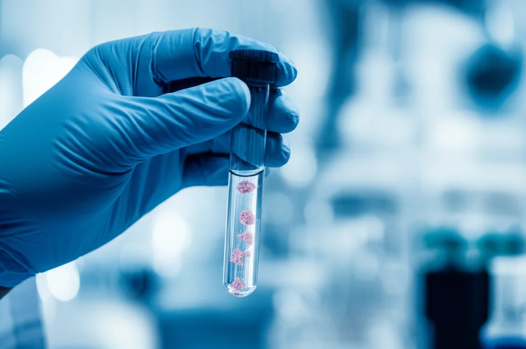 Immagine fotorealistica concettuale che mostra una mano guantata da ricercatore che tiene delicatamente una provetta contenente cellule staminali mesenchimali luminose (simbolo di potenza terapeutica) su uno sfondo sfocato di un laboratorio high-tech. Lente prime, 35mm, profondità di campo ridotta, illuminazione drammatica che evidenzia la provetta, toni blu e bianchi duotone per un look scientifico e pulito.