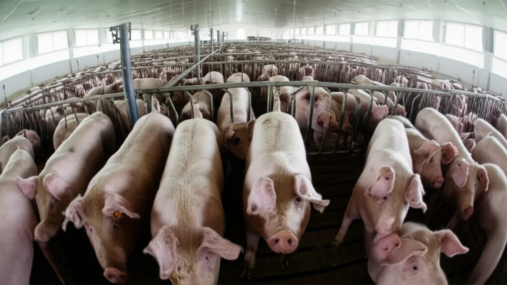 Photorealistic wide-angle image of a modern pig farm with healthy pigs, 24mm lens, sharp focus, representing the swine industry threatened by PRRSV.