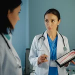 Primo piano di una ginecologa che discute con una paziente in un ambiente clinico moderno, utilizzando un tablet per mostrare informazioni sull'utero, obiettivo da 35mm, luce soffusa, espressioni concentrate e collaborative, per simboleggiare la prevenzione delle aderenze uterine.