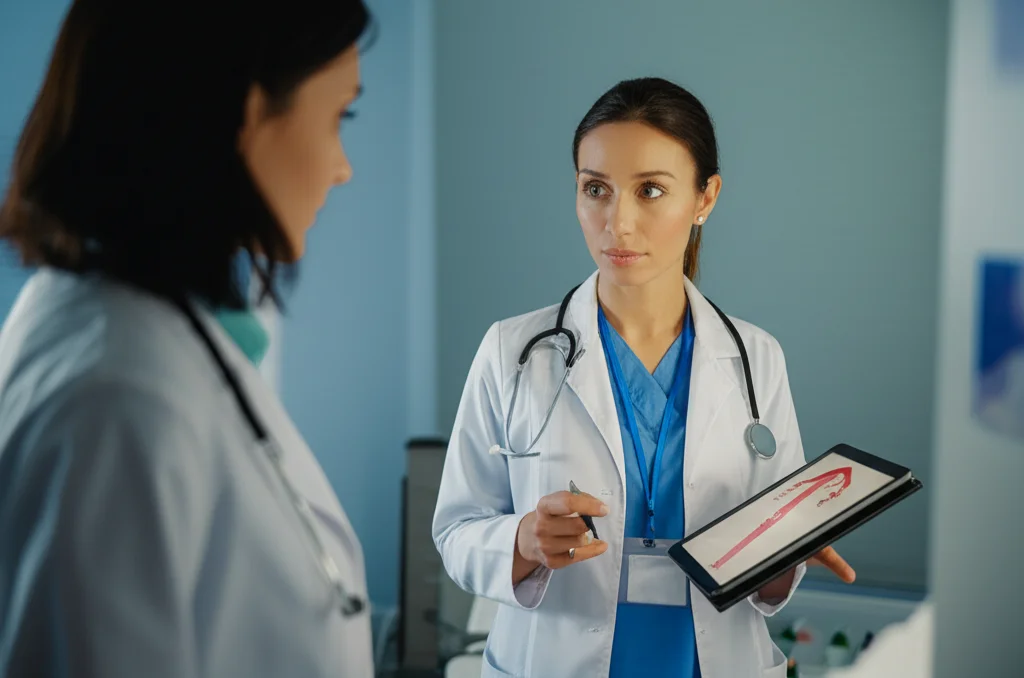 Primo piano di una ginecologa che discute con una paziente in un ambiente clinico moderno, utilizzando un tablet per mostrare informazioni sull'utero, obiettivo da 35mm, luce soffusa, espressioni concentrate e collaborative, per simboleggiare la prevenzione delle aderenze uterine.