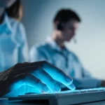 Primo piano di una mano che digita su una tastiera illuminata da LED blu, con sullo sfondo sfocato il volto concentrato ma rassicurante di un operatore di supporto (uomo, 30 anni) che guarda uno schermo. Simboleggia l'intersezione tra tecnologia AI avanzata e supporto umano empatico per la salute mentale giovanile. Fotografia di ritratto, obiettivo 50mm, profondità di campo ridotta, tonalità blu e grigio duotone, luce soffusa.