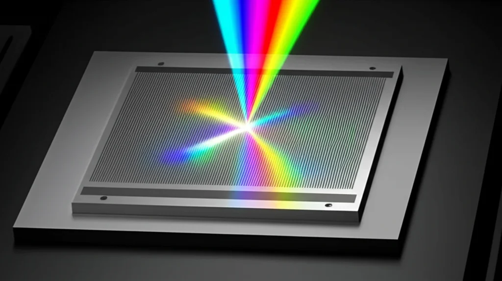 Primo piano di una metasuperficie ottica avanzata in silicio, con dettagli nanostrutturati visibili, illuminata da un fascio di luce laser che si scompone in un anello di luce colorato e complesso, simboleggiando il controllo preciso della luce. Obiettivo macro, 90mm, alta definizione, illuminazione laterale per accentuare le texture.