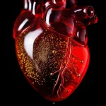 Primo piano macro di un cuore anatomico stilizzato in vetro rosso traslucido, parzialmente oscurato da una delicata nuvola di particelle dorate simili a polline che fluttuano intorno ad esso. Illuminazione drammatica laterale che evidenzia le texture e i riflessi sul vetro. Lente macro 100mm, alta definizione, sfondo completamente nero e sfocato per isolare il soggetto.