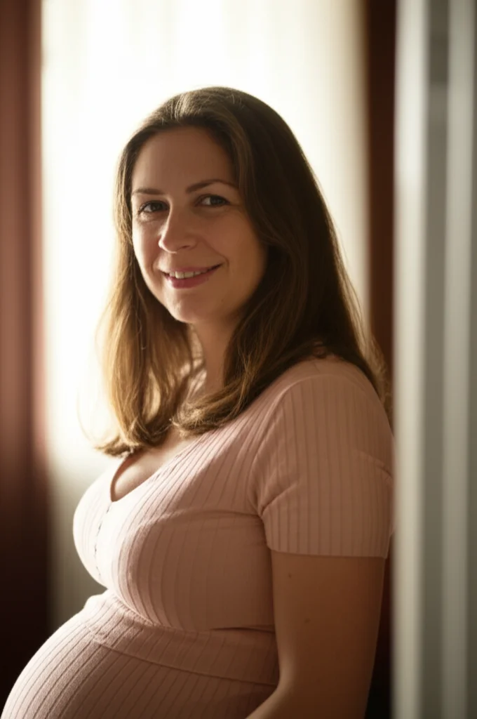 Ritratto fotografico di una donna incinta (primipara, circa 30 anni) che sorride dolcemente, emanando calma e fiducia. Si trova in un ambiente interno luminoso, vicino a una finestra con luce naturale soffusa. Obiettivo 35mm prime, profondità di campo ridotta che sfoca leggermente lo sfondo, mettendo in risalto la sua espressione serena e la sua preparazione emotiva. Toni caldi e accoglienti.