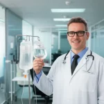 Un medico in camice bianco esamina attentamente una sacca di immunoglobuline (IVIG) al 10% prima di una somministrazione. Sullo sfondo, un ambiente ospedaliero pulito e moderno. L'immagine trasmette professionalità e innovazione nella ricerca sulla trombocitopenia immune. Fotografia di ritratto, 35mm, profondità di campo, colori naturali e vividi.