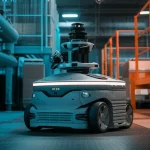 Un robot mobile autonomo avanzato che naviga con sicurezza attraverso un ambiente industriale complesso e pieno di ostacoli, illuminato da luci al neon blu e arancioni. Prime lens, 35mm, depth of field, duotone (blu e arancione).