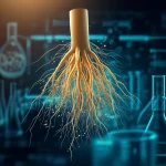 Un'immagine artistica e scientifica che mostra radici di Astragalus stilizzate che si intrecciano delicatamente con un filamento di DNA luminescente, con piccole particelle che rappresentano i gruppi metilici che vengono rimossi. L'ambientazione è un laboratorio high-tech leggermente sfocato sullo sfondo. Prime lens, 35mm, profondità di campo, duotone blu scuro e oro brillante.