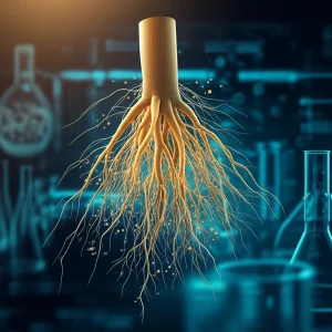 Un'immagine artistica e scientifica che mostra radici di Astragalus stilizzate che si intrecciano delicatamente con un filamento di DNA luminescente, con piccole particelle che rappresentano i gruppi metilici che vengono rimossi. L'ambientazione è un laboratorio high-tech leggermente sfocato sullo sfondo. Prime lens, 35mm, profondità di campo, duotone blu scuro e oro brillante.