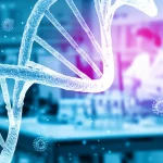 Un'immagine concettuale che rappresenta la ricerca genetica sul Long COVID. In primo piano, una doppia elica di DNA stilizzata e luminosa, con particelle virali SARS-CoV-2 stilizzate sullo sfondo. Scienziati in camice bianco lavorano su computer in un laboratorio moderno e sfocato sullo sfondo. Prime lens, 35mm, depth of field, duotone ciano e magenta.