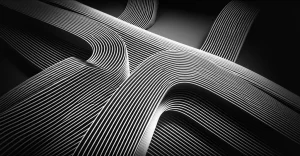 Visualizzazione artistica di una struttura geometrica sub-Riemanniana di tipo H, con linee curve che rappresentano le geodetiche vincolate a muoversi in direzioni orizzontali all'interno di uno spazio tridimensionale complesso. Prime lens 24mm, depth of field, stile film noir con forti contrasti tra luce e ombra.