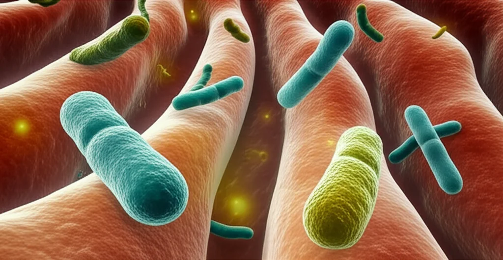 Telephoto zoom, 100-400mm, immagine dinamica di batteri probiotici stilizzati che 'lavorano insieme' (cross-feeding) in un ambiente che ricorda l'interno del colon, con un focus sul butirrato prodotto, fast shutter speed, action tracking.