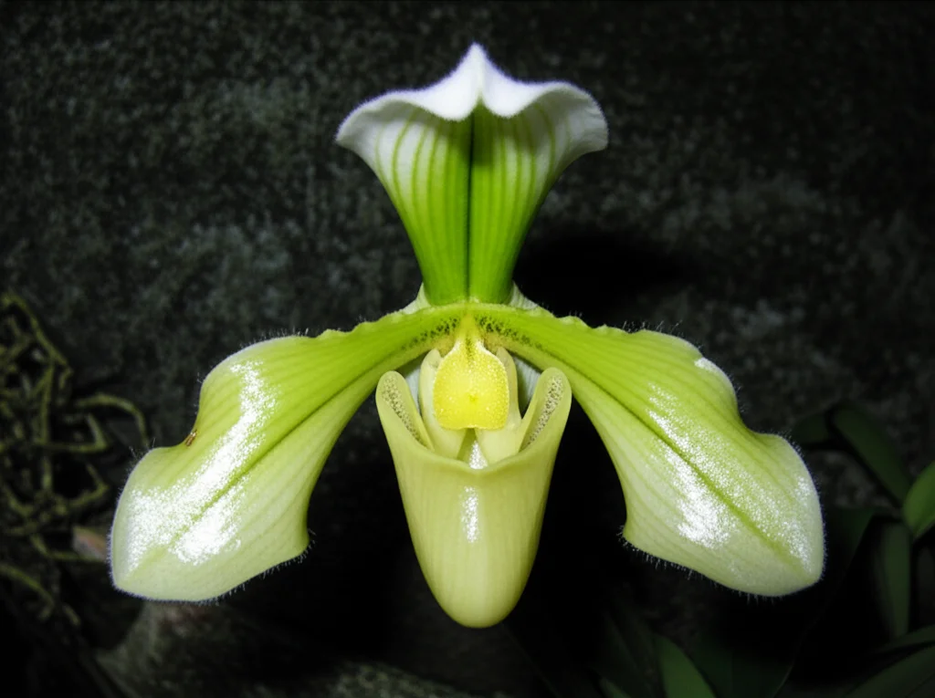 Macro fotografia di una rara orchidea Paphiopedilum emersonii, con petali bianchi e centro giallo-verde, che cresce su una roccia calcarea umida nel sito carsico di Libao-Huanjiang. Obiettivo macro 100mm, illuminazione controllata per evidenziare i dettagli delicati del fiore e la texture della roccia.