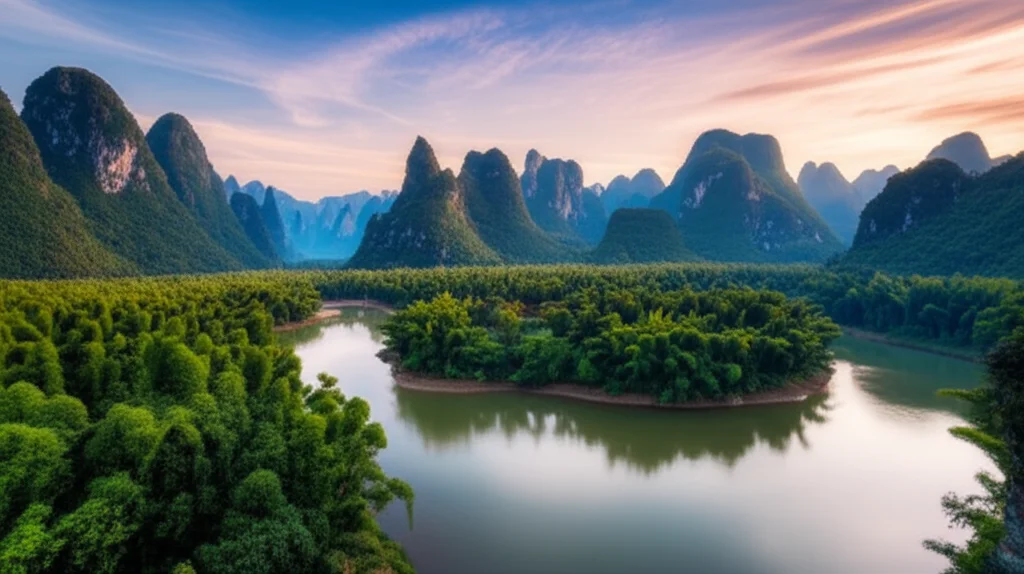 Fotografia paesaggistica grandangolare delle formazioni carsiche a cono di Libao-Huanjiang, coperte da una fitta foresta subtropicale sempreverde e decidua. Obiettivo grandangolare 18mm, lunga esposizione per rendere l'acqua di un fiume che scorre tra le colline liscia e setosa, cielo parzialmente nuvoloso all'alba con luce dorata.