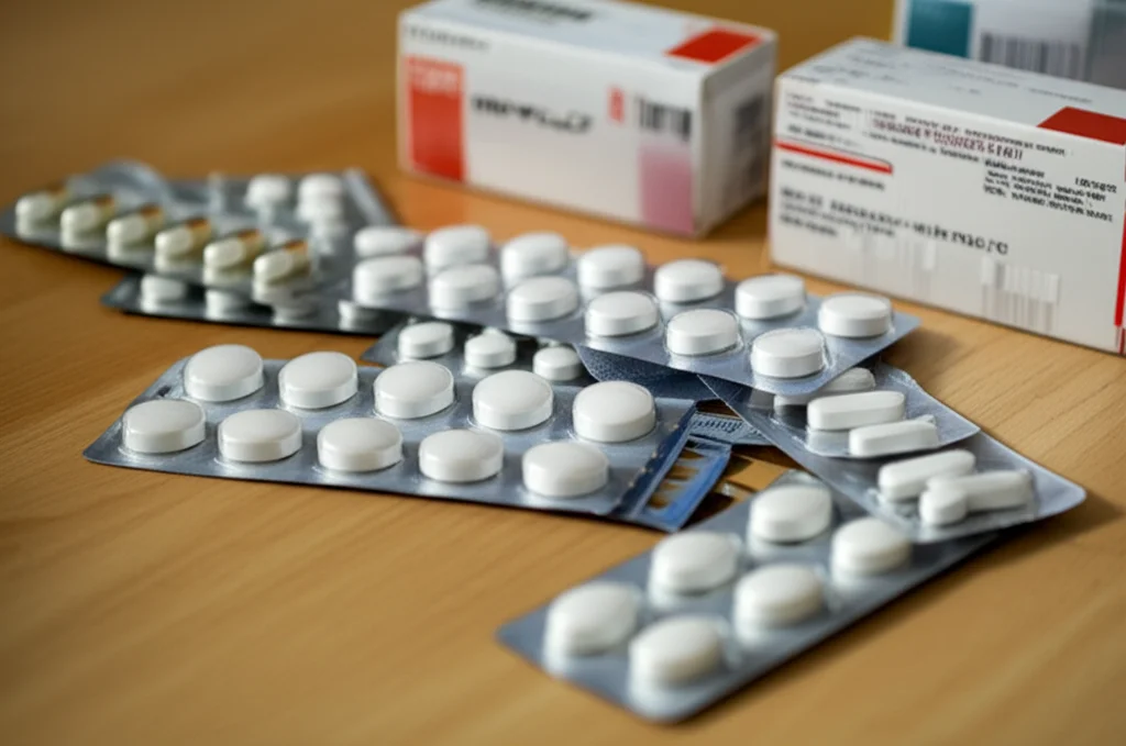 Primo piano dettagliato di diverse confezioni di farmaci, in particolare blister di inibitori di pompa protonica e scatole di antibiotici, sparsi su un tavolo di legno chiaro. Macro lens, 100mm, high detail, precise focusing, controlled lighting per evidenziare le texture delle confezioni.