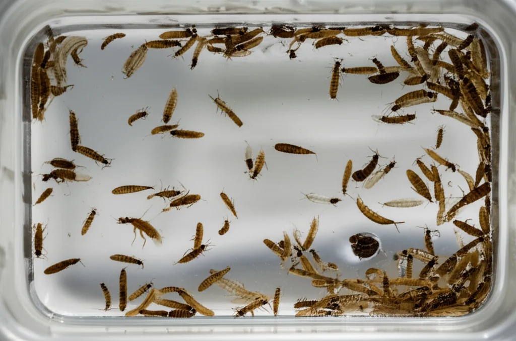 Macro fotografia di diversi tipi di macroinvertebrati bentonici (larve di insetti, piccoli crostacei) in una vaschetta di raccolta con acqua di fiume, illuminazione da laboratorio controllata per evidenziare i dettagli morfologici, obiettivo macro 90mm, alta definizione, sfondo neutro.