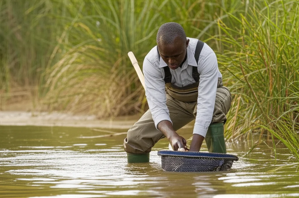 Fotografia paesaggistica di un fiume serpeggiante nella regione del Copperbelt africano, con un ricercatore in stivali che raccoglie campioni di macroinvertebrati con un retino. Luce naturale del giorno, obiettivo grandangolare 24mm per includere l'ambiente circostante, messa a fuoco nitida sul ricercatore e sul fiume.