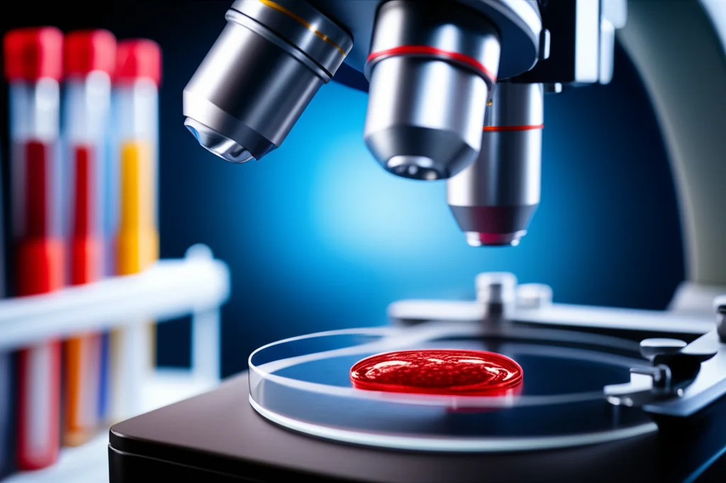 Immagine macro di una goccia di sangue su un vetrino da laboratorio, con provette e un microscopio sfocati sullo sfondo, illuminazione controllata e precisa, obiettivo macro 90mm, alta definizione dei dettagli delle cellule sanguigne.