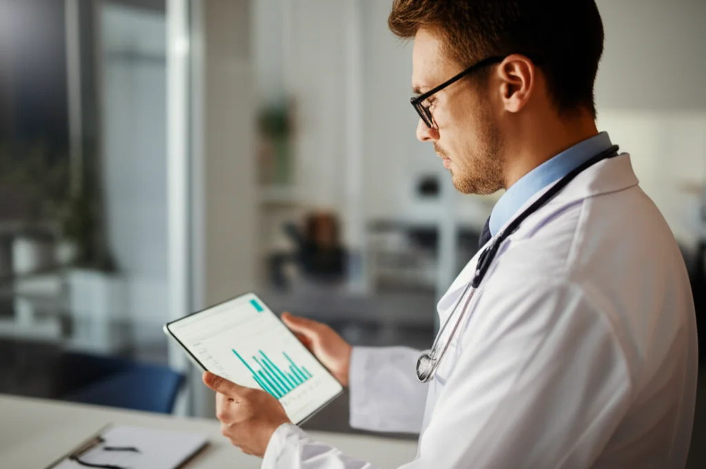 Un medico pensieroso osserva un grafico a nomogramma su un tablet, in un ambiente clinico moderno e luminoso. Fotografia ritratto, obiettivo 35mm, profondità di campo che sfoca leggermente lo sfondo, toni caldi.