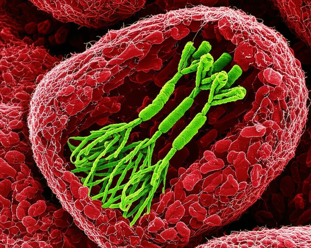 Immagine fotorealistica al microscopio elettronico di batteri Streptococcus suis, con un focus su una proteina trasportatrice di metionina (MetQ) sulla superficie cellulare, resa con tecnica macro, 105mm, alta definizione, illuminazione controllata per evidenziare i dettagli strutturali della proteina e della membrana batterica.