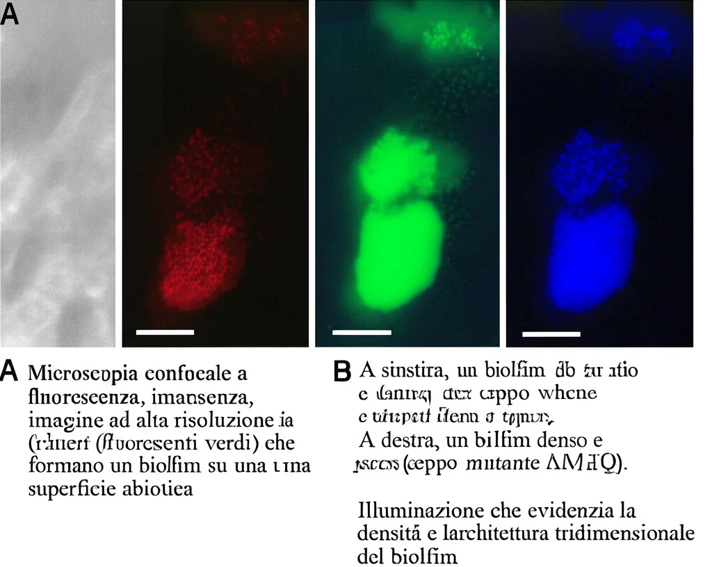 Microscopia confocale a fluorescenza, immagine ad alta risoluzione, batteri Streptococcus suis (fluorescenti verdi) che formano un biofilm su una superficie abiotica. A sinistra, un biofilm rado e sottile (ceppo wild-type). A destra, un biofilm denso e spesso (ceppo mutante ∆metQ). Illuminazione che evidenzia la densità e l'architettura tridimensionale del biofilm.