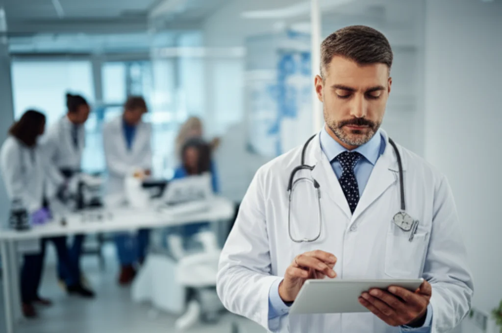 Un medico di mezza età, dall'aspetto saggio e rassicurante, che esamina con attenzione dei grafici su un tablet, con alle spalle uno sfondo sfocato di un laboratorio medico moderno. Luce controllata, focus preciso sui grafici e sull'espressione concentrata del medico. Prime lens, 35mm, depth of field.