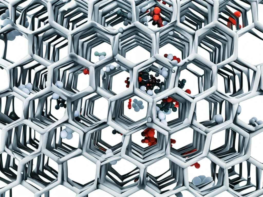 Visualizzazione 3D fotorealistica di una struttura MOF (Metal-Organic Framework) con pori definiti, che interagisce con molecole d'acqua. Macro lens, 60mm, high detail, precise focusing, controlled lighting, per evidenziare la complessità e la funzionalità a livello molecolare dell'assorbimento in condizioni aride.