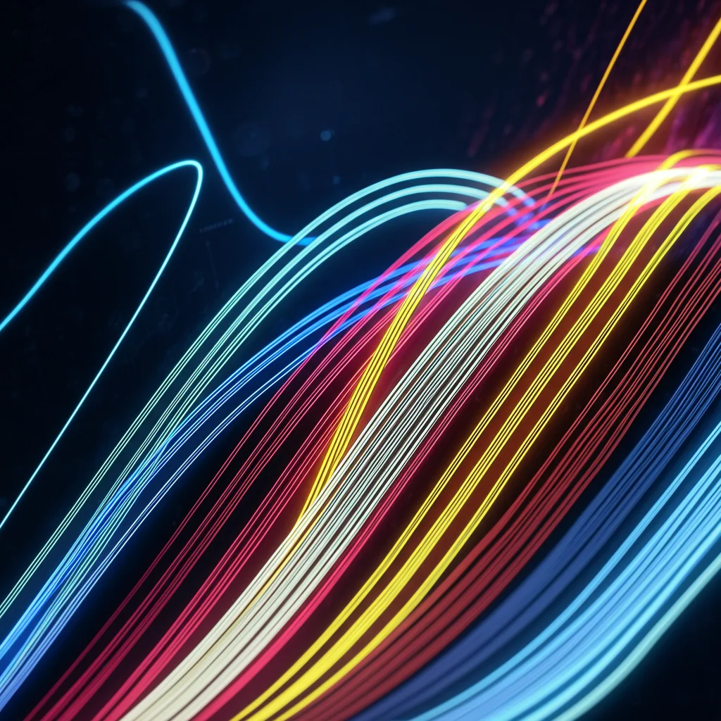 Visualizzazione astratta di tre linee di grafici colorate (una blu stabile/bassa, una rossa in crescita costante, una gialla con picchi e valli pronunciati) che si muovono dinamicamente su uno sfondo scuro high-tech, simboleggiando le traiettorie metaboliche. Macro lens, 80mm, high detail, controlled lighting.