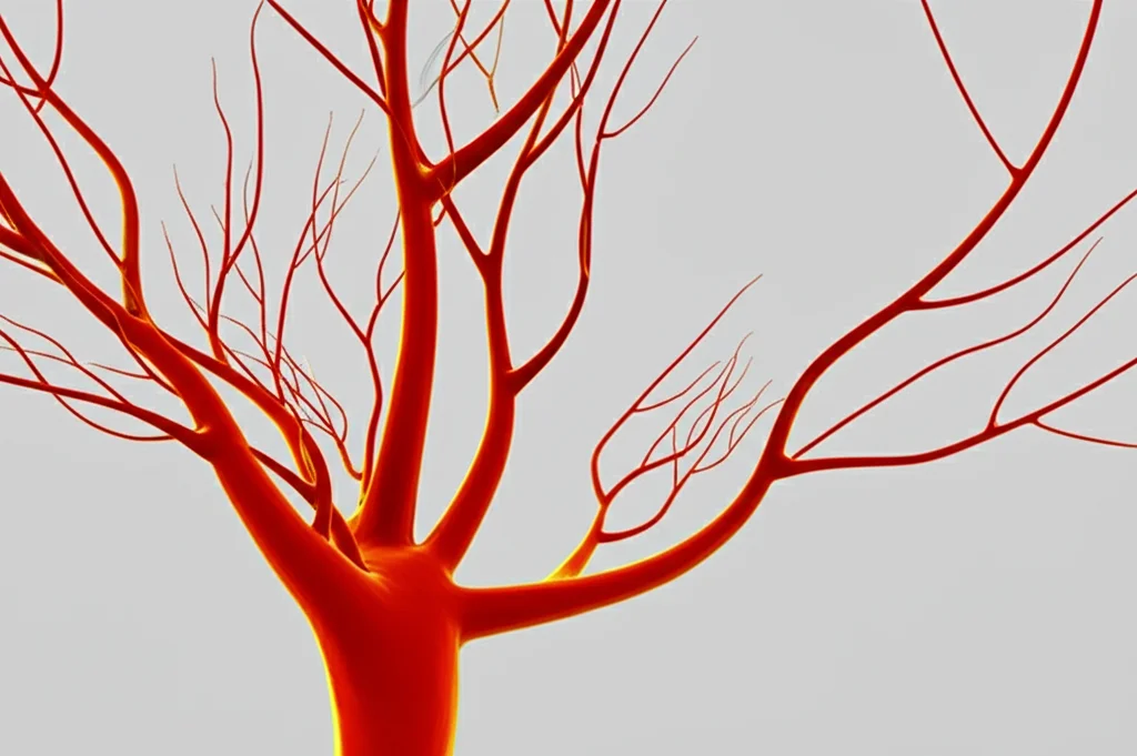 Visualizzazione astratta e luminosa di vasi sanguigni stilizzati che si ramificano e crescono, a simboleggiare l'angiogenesi e lo sviluppo placentare sano. Macro, 100mm, high detail, colori vivaci su sfondo neutro, per rappresentare la scoperta di biomarcatori predittivi per la FGR precoce.
