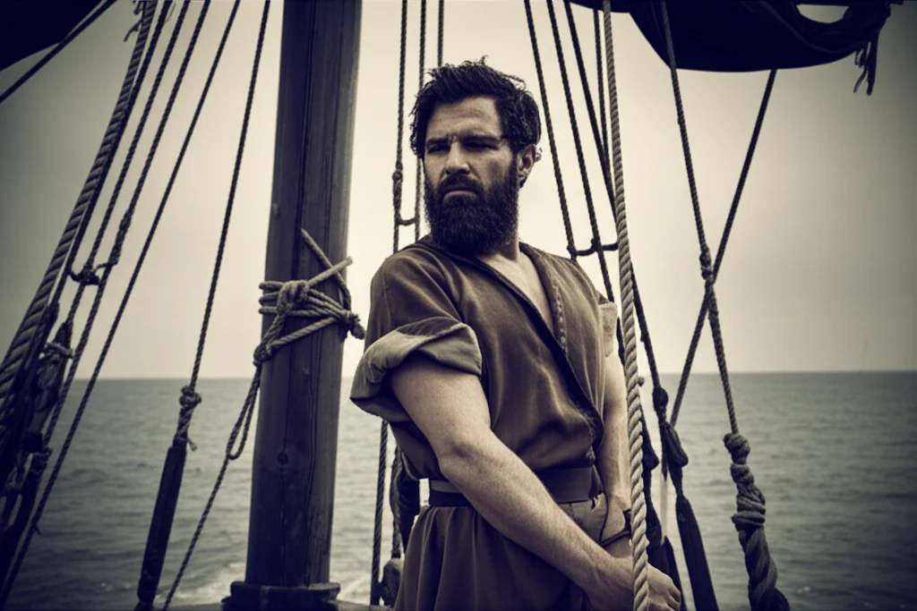 Un ritratto drammatico di un uomo dall'aspetto greco antico, con barba e capelli mossi dal vento, legato strettamente all'albero maestro di una nave di legno. Il suo volto esprime un misto di agonia e desiderio mentre guarda verso creature mitologiche simili a sirene, appena visibili tra le onde agitate di un mare tempestoso. Stile fotorealistico, 35mm portrait, film noir, depth of field, duotone seppia e blu scuro.