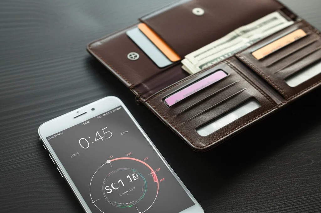 Una scrivania moderna e ordinata. Su di essa, un portafoglio aperto con dentro solo una piccola quantità di contanti e nessuna carta di credito. Accanto, uno smartphone con un'app aperta che mostra un timer per il blocco delle notifiche. Macro lens, 60mm, high detail, precise focusing, controlled lighting, luce naturale da una finestra laterale.