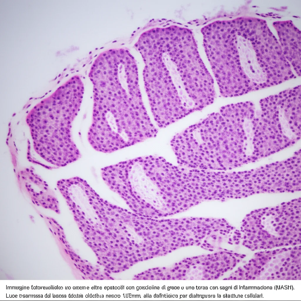Immagine fotorealistica di un vetrino da microscopio con sezioni di tessuto epatico umano. Una sezione mostra epatociti sani, un'altra epatociti con goccioline di grasso (steatosi) e una terza con segni di infiammazione (MASH). Luce trasmessa dal basso, obiettivo macro 100mm, alta definizione per distinguere le strutture cellulari.