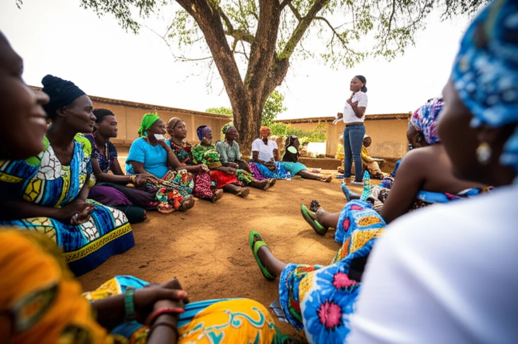 Un gruppo di donne africane in un contesto comunitario partecipa a una sessione informativa sulla salute femminile e lo screening HPV. L'atmosfera è coinvolgente e positiva. Wide-angle lens, 18mm, sharp focus, luce diurna.