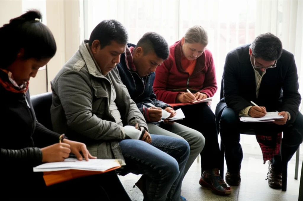 Un gruppo diversificato di persone ecuadoriane, familiari di pazienti, sedute in una sala d'attesa luminosa di un ospedale, mentre compilano con attenzione un questionario. Alcuni sembrano pensierosi, altri concentrati. Obiettivo da ritratto 35mm, luce naturale filtrata da una finestra, colori vivaci ma realistici per catturare l'atmosfera.