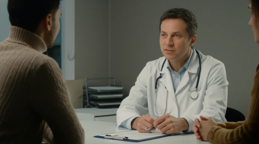 Due persone, un medico in camice bianco e un familiare dall'aspetto preoccupato, che parlano seduti a una scrivania in uno studio medico. Il medico ascolta con empatia. Luce soffusa, obiettivo da ritratto 50mm con profondità di campo per focalizzare l'interazione, toni caldi.