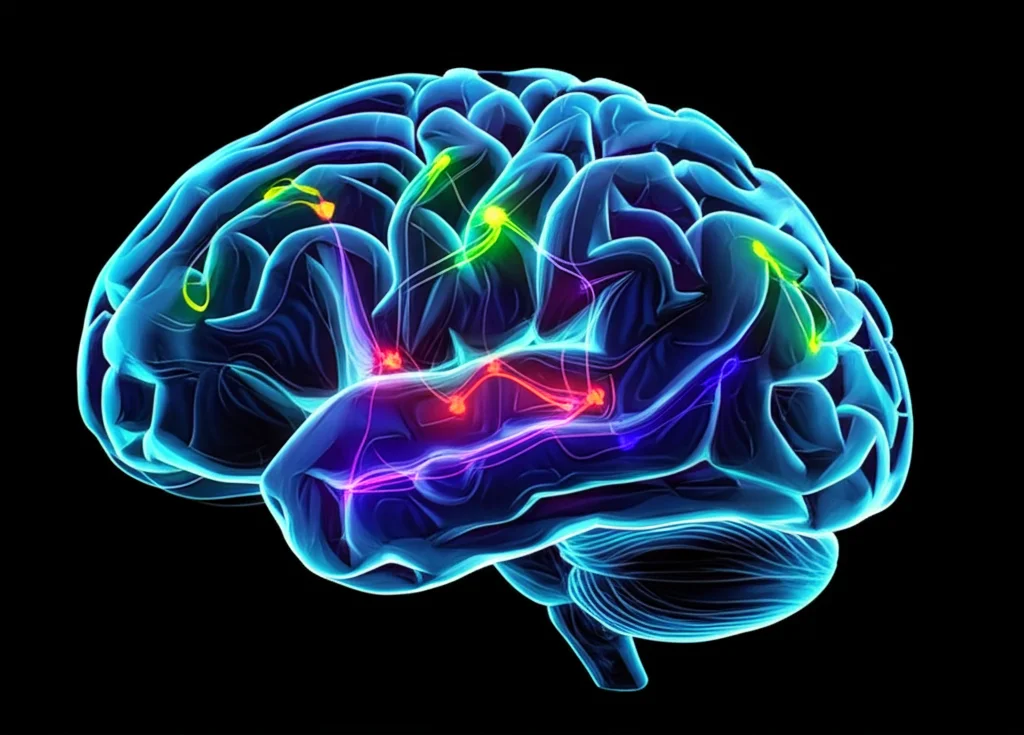 Immagine fotorealistica di un cervello umano con evidenziate in colori diversi la Salience Network, la Central Executive Network e la Default Mode Network. Le connessioni tra le reti sono visualizzate come linee luminose. Obiettivo macro da 70mm, alta definizione, illuminazione controllata per enfatizzare i dettagli delle strutture neurali.