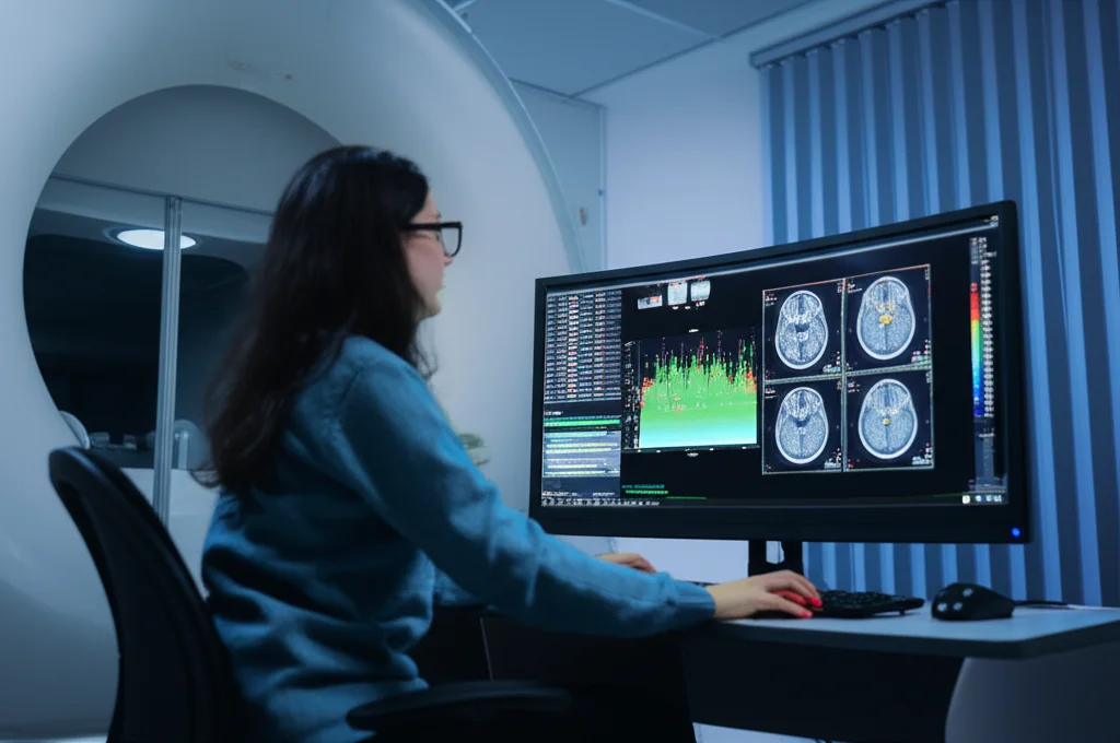 Fotografia realistica di una persona seduta davanti a uno schermo che mostra grafici di attività cerebrale fMRI. L'ambiente è un laboratorio di neuroscienze. Obiettivo da 35mm, effetto profondità di campo con focus sulla persona, toni di colore blu e grigio per un'atmosfera scientifica.