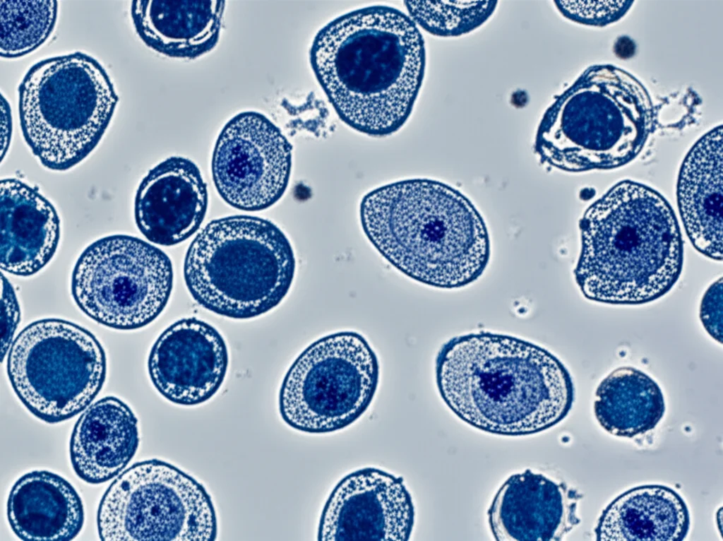 Immagine macro ad alto dettaglio di cellule tumorali della vescica in coltura, alcune delle quali mostrano segni di apoptosi (restringimento, frammentazione) indotta da un composto, con illuminazione da laboratorio controllata, obiettivo macro 100mm.