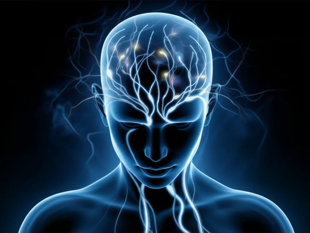 Un'immagine astratta che rappresenta la complessità delle decisioni umane, con percorsi neurali luminosi che si intrecciano e si diramano all'interno di una silhouette di testa umana. Stile fotorealistico, obiettivo grandangolare da 18mm, lunga esposizione per creare scie luminose, colori contrastanti per un effetto drammatico.