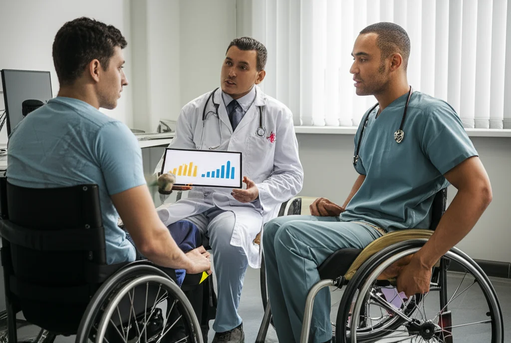 Un dietologo sportivo sorridente consulta un atleta paralimpico di basket in carrozzina in uno studio medico luminoso. Il dietologo indica grafici nutrizionali su un tablet. Prime lens, 35mm, depth of field, luce naturale che entra da una finestra.