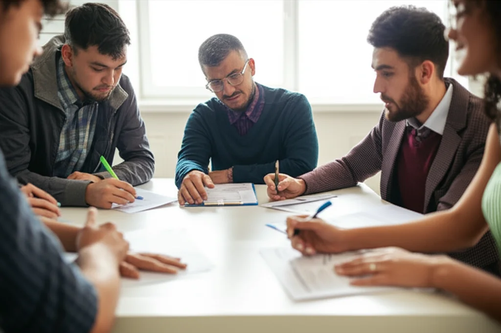 Fotografia di un gruppo diversificato di persone, di varie età ed etnie, sedute attorno a un tavolo mentre compilano dei questionari. L'ambiente è luminoso e accogliente, suggerendo una clinica o un centro di ricerca. Obiettivo 35mm, profondità di campo media per mantenere a fuoco i partecipanti e i questionari, luce naturale da una finestra laterale.