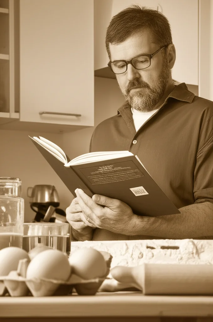 Un genitore dall'aria confusa guarda un libro di matematica aperto, mentre sullo sfondo si intravede una cucina con ingredienti per una ricetta. L'immagine, scattata con una lente prime da 35mm, dovrebbe avere una profondità di campo che mette a fuoco il genitore e il libro, lasciando la cucina leggermente sfocata, con illuminazione naturale laterale per creare un'atmosfera intima e riflessiva, duotono seppia e crema.