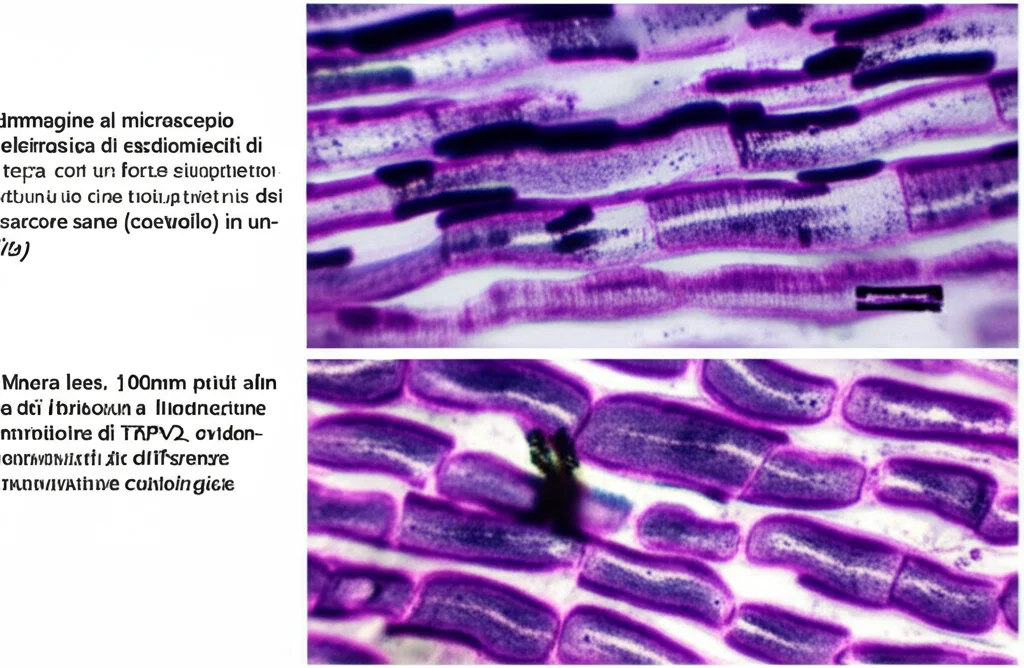 Immagine al microscopio elettronico di cardiomiociti di topo, con un focus dettagliato sulla struttura dei dischi intercalari e dei sarcomeri in un cuore sano (controllo) e in un cuore deficiente di TRPV2, evidenziando le differenze morfologiche. Macro lens, 100mm, alta definizione, illuminazione controllata per evidenziare le ultrastrutture cellulari.