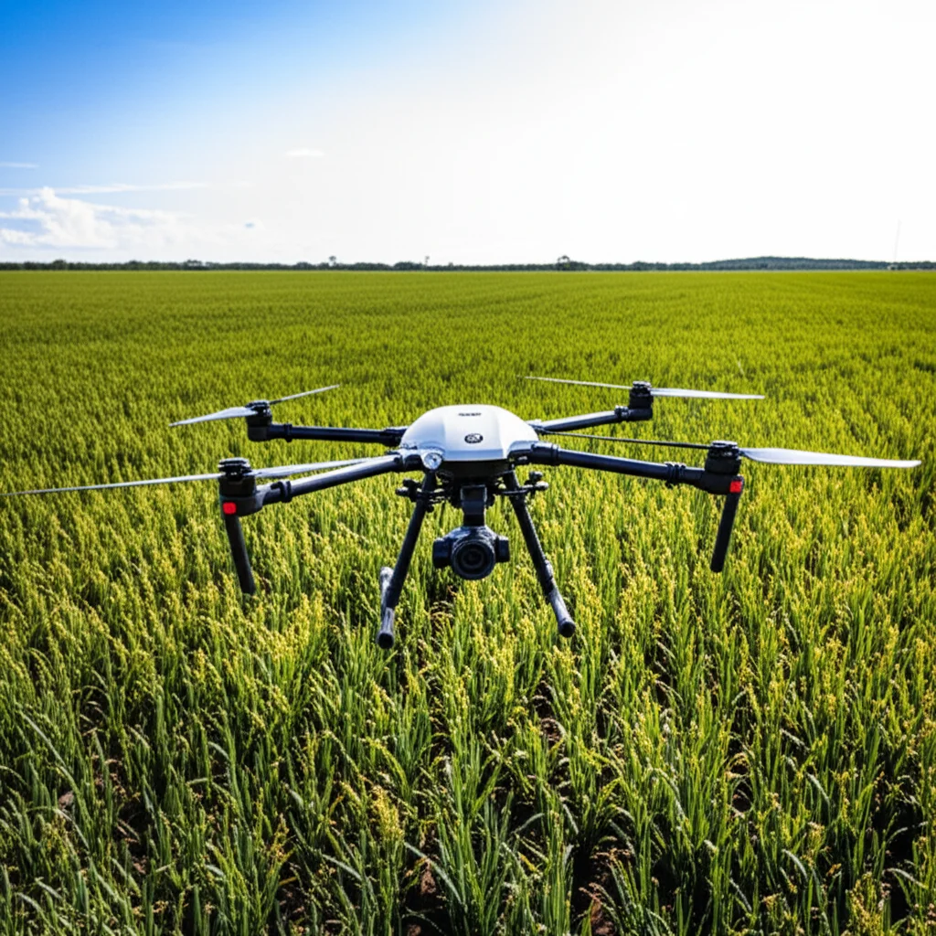 Drone agricolo DJI Matrice 300 in volo stazionario sopra un campo di sorgo verde intenso, obiettivo grandangolare 24mm, fotografia aerea con dettagli nitidi delle piante e del terreno, cielo sereno, luce solare diretta che crea leggere ombre.