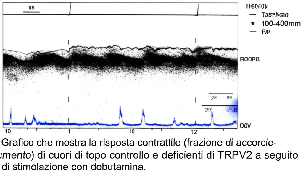 Grafico che mostra la risposta contrattile (frazione di accorciamento) di cuori di topo controllo e deficienti di TRPV2 a seguito di stimolazione con dobutamina. Telephoto zoom, 100-400mm, con un focus sulla differenza significativa tra i due gruppi, magari con barre di errore e asterischi per indicare la significatività statistica. Lo sfondo potrebbe essere un tracciato ecocardiografico stilizzato.