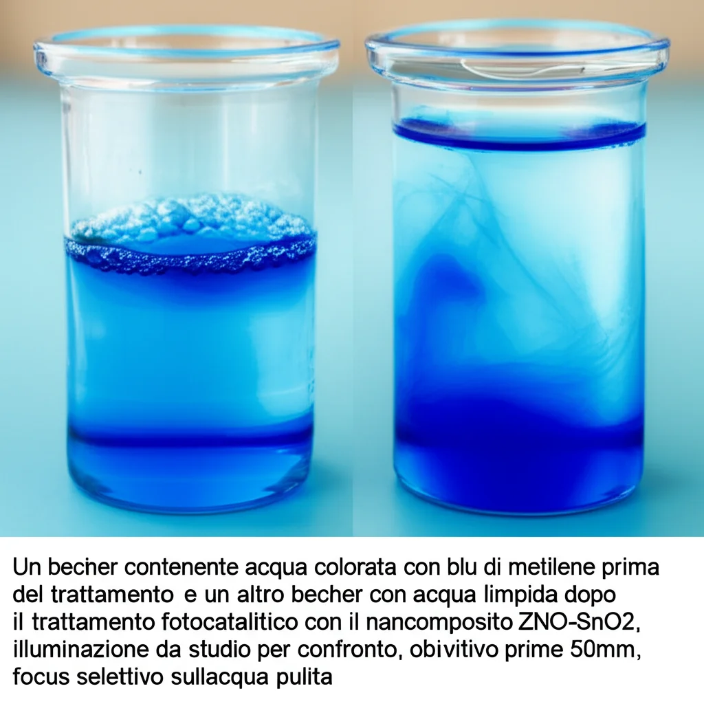 Un becher contenente acqua colorata con blu di metilene prima del trattamento e un altro becher con acqua limpida dopo il trattamento fotocatalitico con il nanocomposito ZnO-SnO2, illuminazione da studio per confronto, obiettivo prime 50mm, focus selettivo sull'acqua pulita.