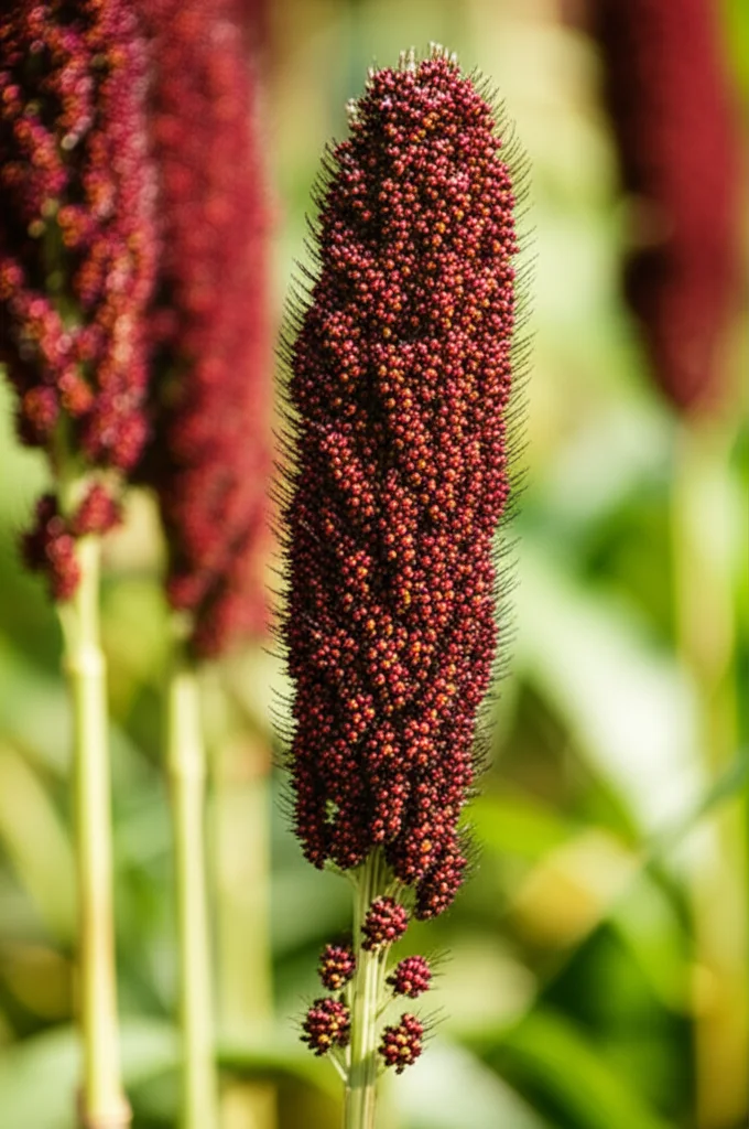 Primo piano di una pannocchia di sorgo maturo, obiettivo macro 105mm, alta definizione dei singoli chicchi rossastri, sfondo sfocato del campo, illuminazione controllata per esaltare la texture.