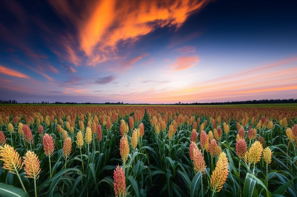 Paesaggio agricolo ampio con campi di sorgo che si estendono fino all'orizzonte, obiettivo grandangolare 16mm, lunga esposizione per nuvole setose nel cielo del tramonto, messa a fuoco nitida su tutto il campo, colori caldi e saturi.
