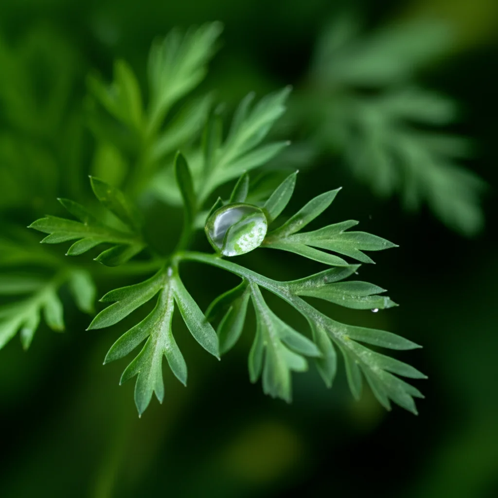 Macro fotografia di foglie di carota sane e vibranti, 100mm macro lens, con goccioline d'acqua che riflettono la luce, high detail, precise focusing, controlled lighting, a simboleggiare la vitalità della pianta grazie ai nutrienti.