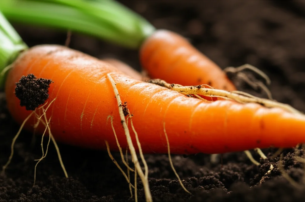 Immagine macro, obiettivo 60mm, di radici di carota ben sviluppate e sane nel terreno sabbioso, high detail, precise focusing, controlled lighting, a evidenziare l'effetto positivo dei trattamenti sulla crescita radicale.