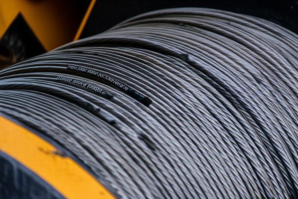 Primo piano macro di una fune d'acciaio di una gru che mostra segni di avvolgimento scorretto, con spire allentate e sovrapposte sul tamburo. Luce controllata per evidenziare i dettagli del metallo e le imperfezioni. Obiettivo macro 100mm, alta definizione.